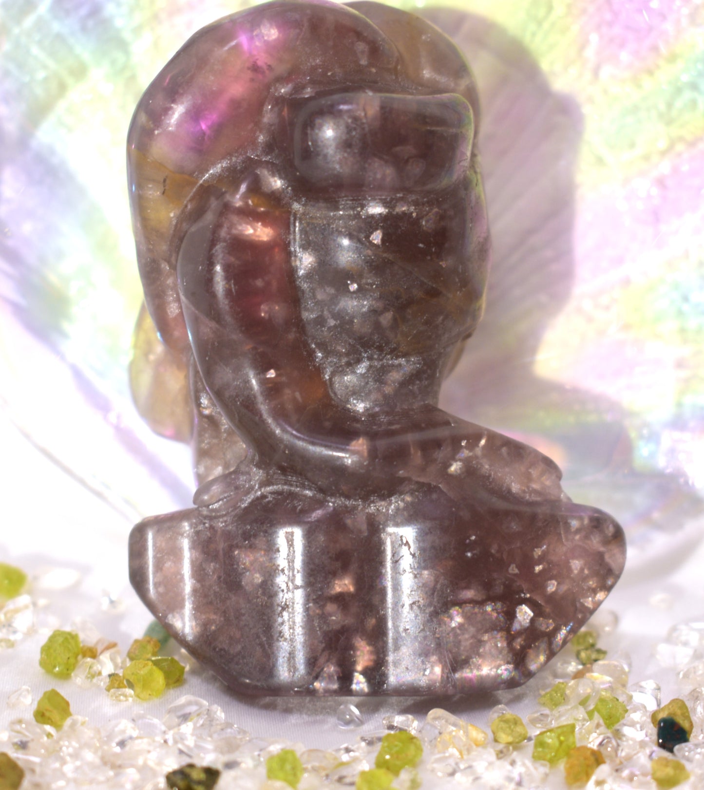 Purple Fluorite with Mica Medusa Carving