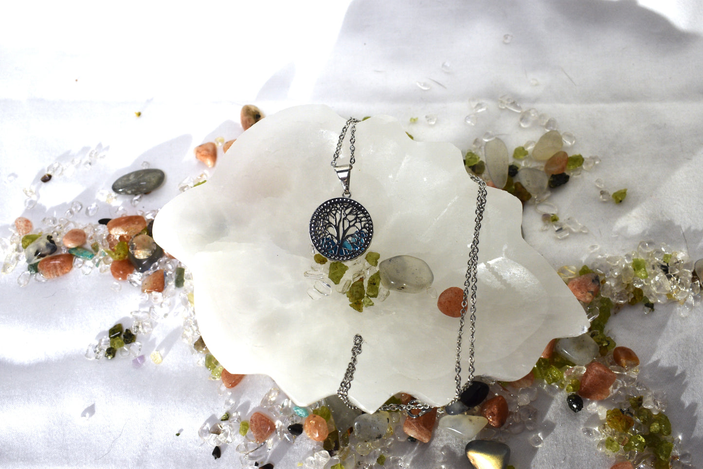 Tree of Life with blue gemstone Silver Necklace