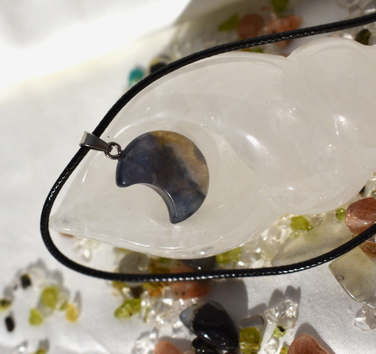 Fluorite moon on cord necklace