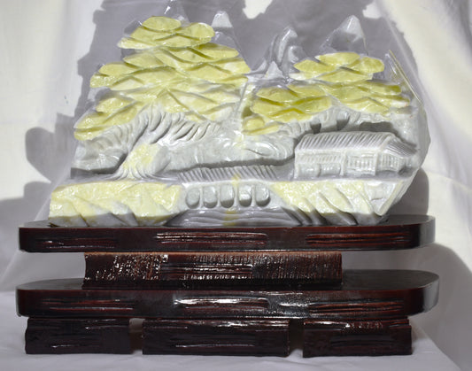 Green Jade Landscape Carving With Custom Base