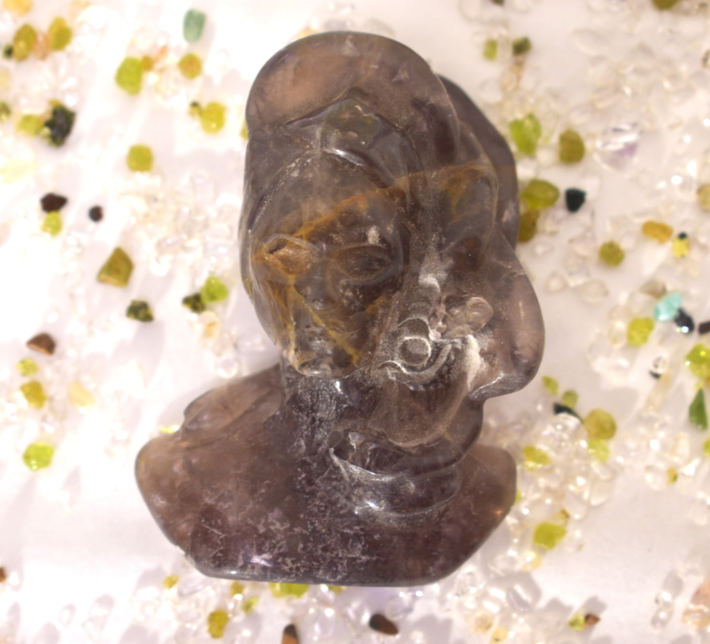 Purple Fluorite with Mica Medusa Carving