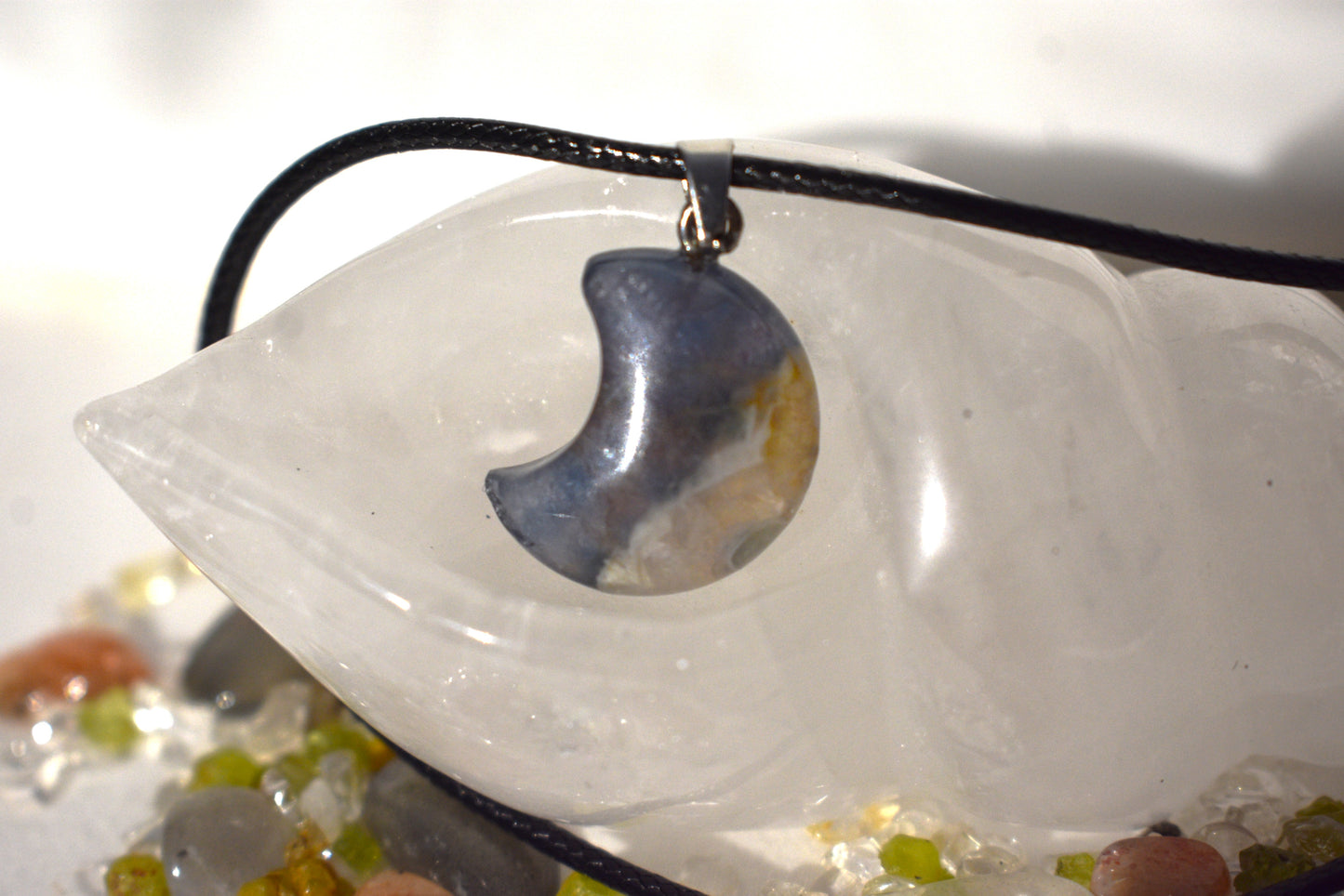 Fluorite moon on cord necklace