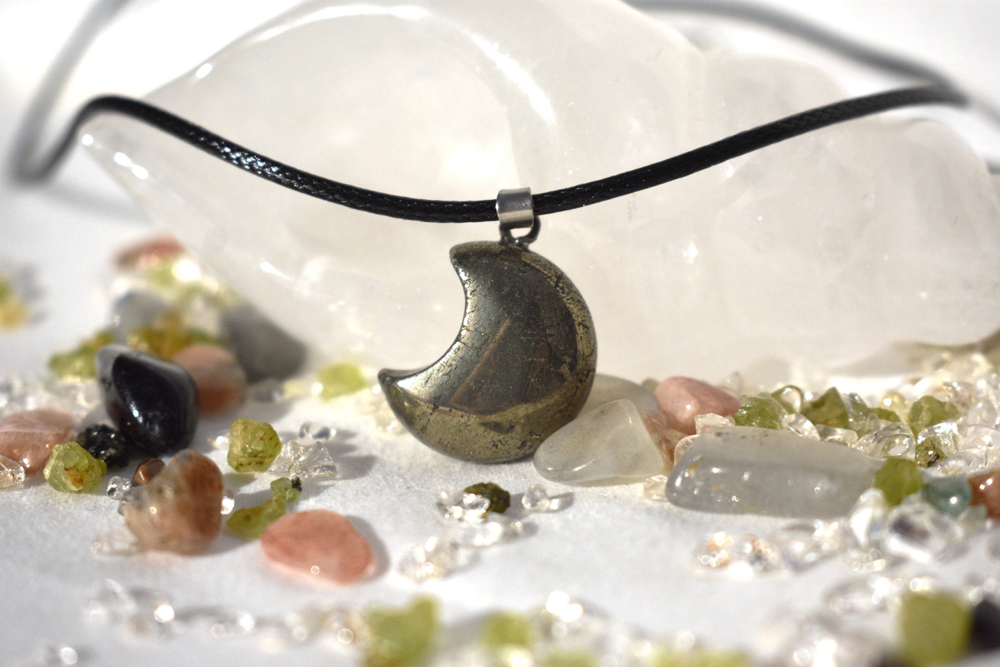 Pyrite moon on cord necklace