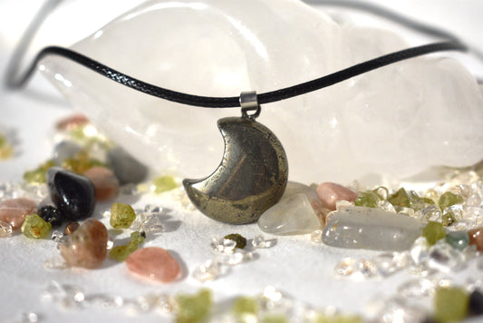 Pyrite moon on cord necklace