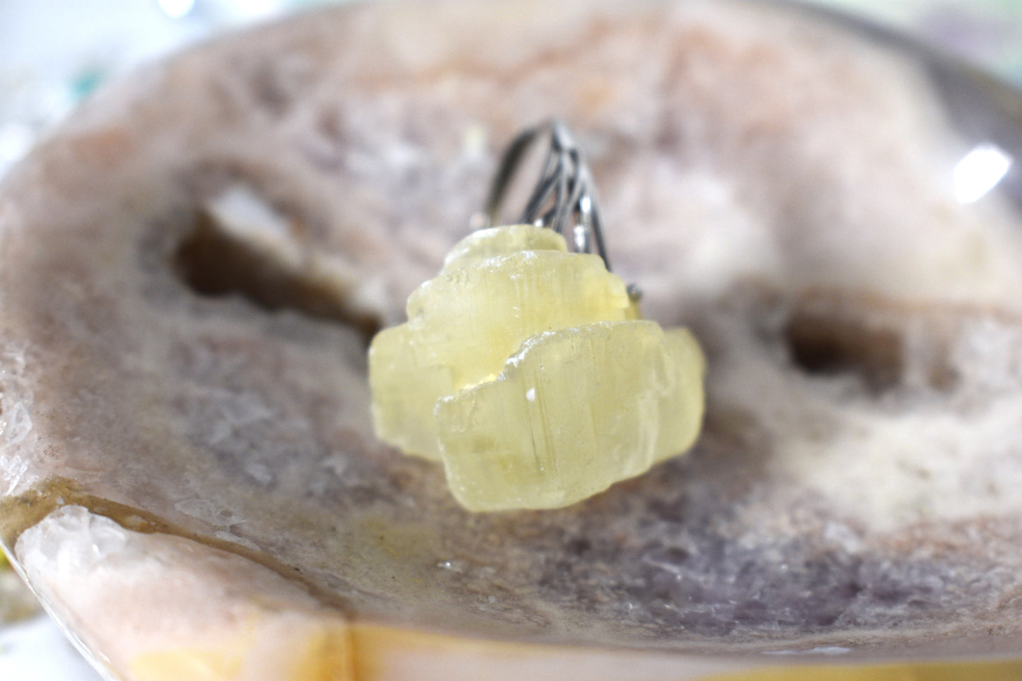 Raw calcite on silver ring