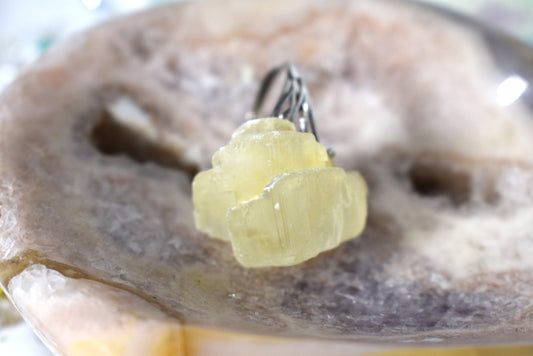 Raw calcite on silver ring
