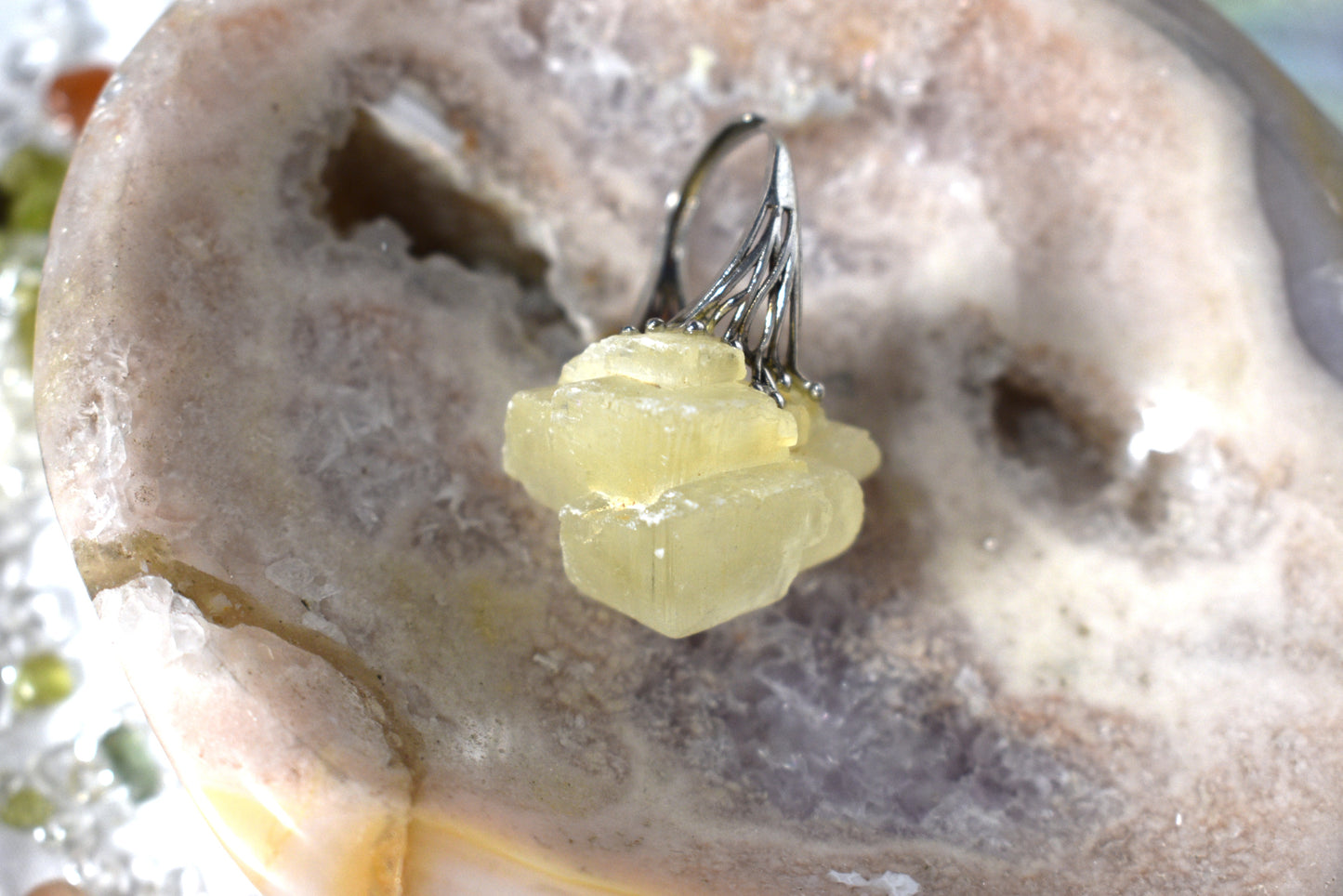 Raw calcite on silver ring