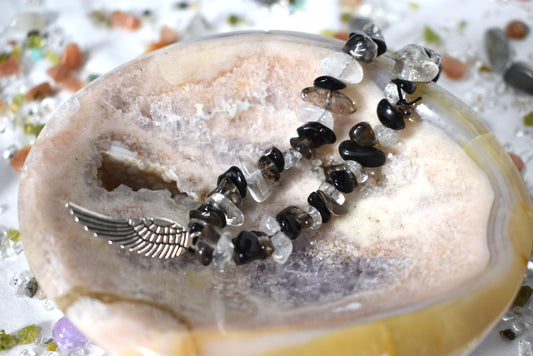 Mixed quartz and obsidian chip stone with angel wing charm Bracelet