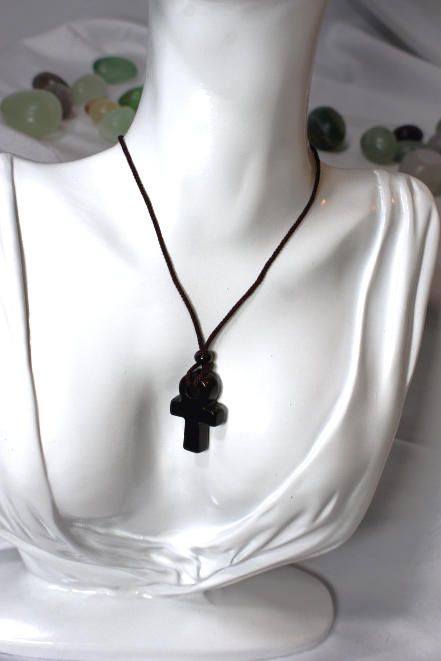 Obsidian Ankh on rope Necklace