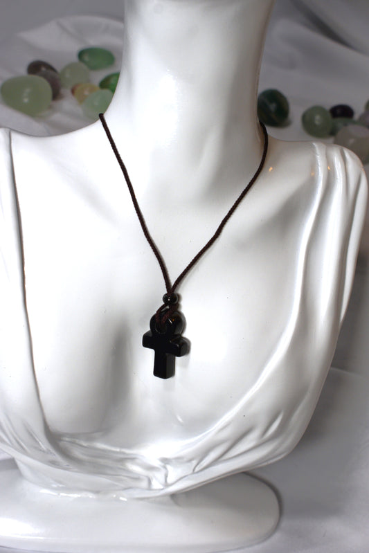 Obsidian Ankh on rope Necklace