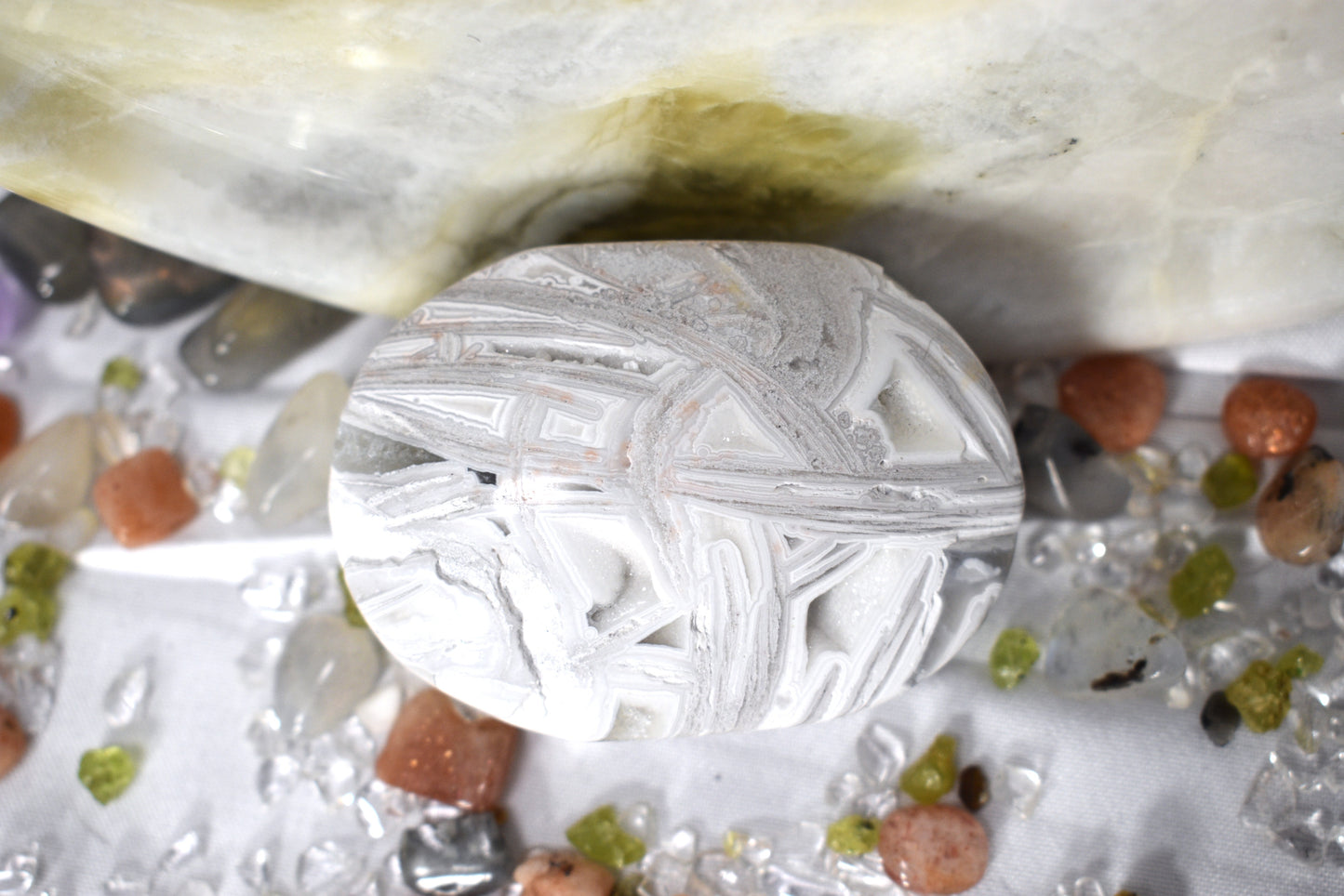 White Lace Agate Palm Stone